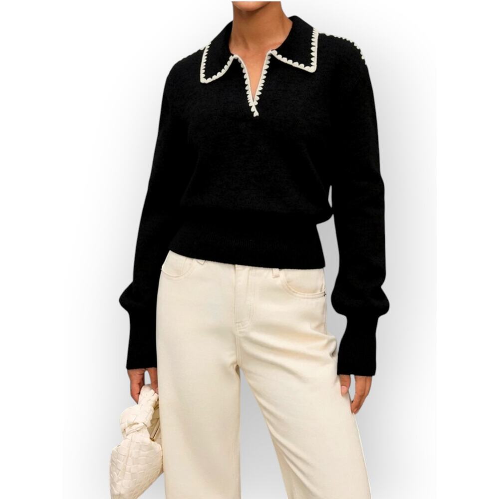 Commense Black Contrast Trim Polo Sweater Knit Top S – Minimal Chic